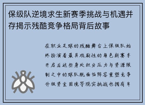 保级队逆境求生新赛季挑战与机遇并存揭示残酷竞争格局背后故事